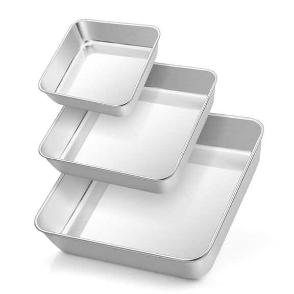 Walchoice Square Cake Pan Set of 3, Stainless Steel Baking Pans for Brownie Lasagna, Metal Bakeware Set Include 6/8/9 inch, Brushed Surface