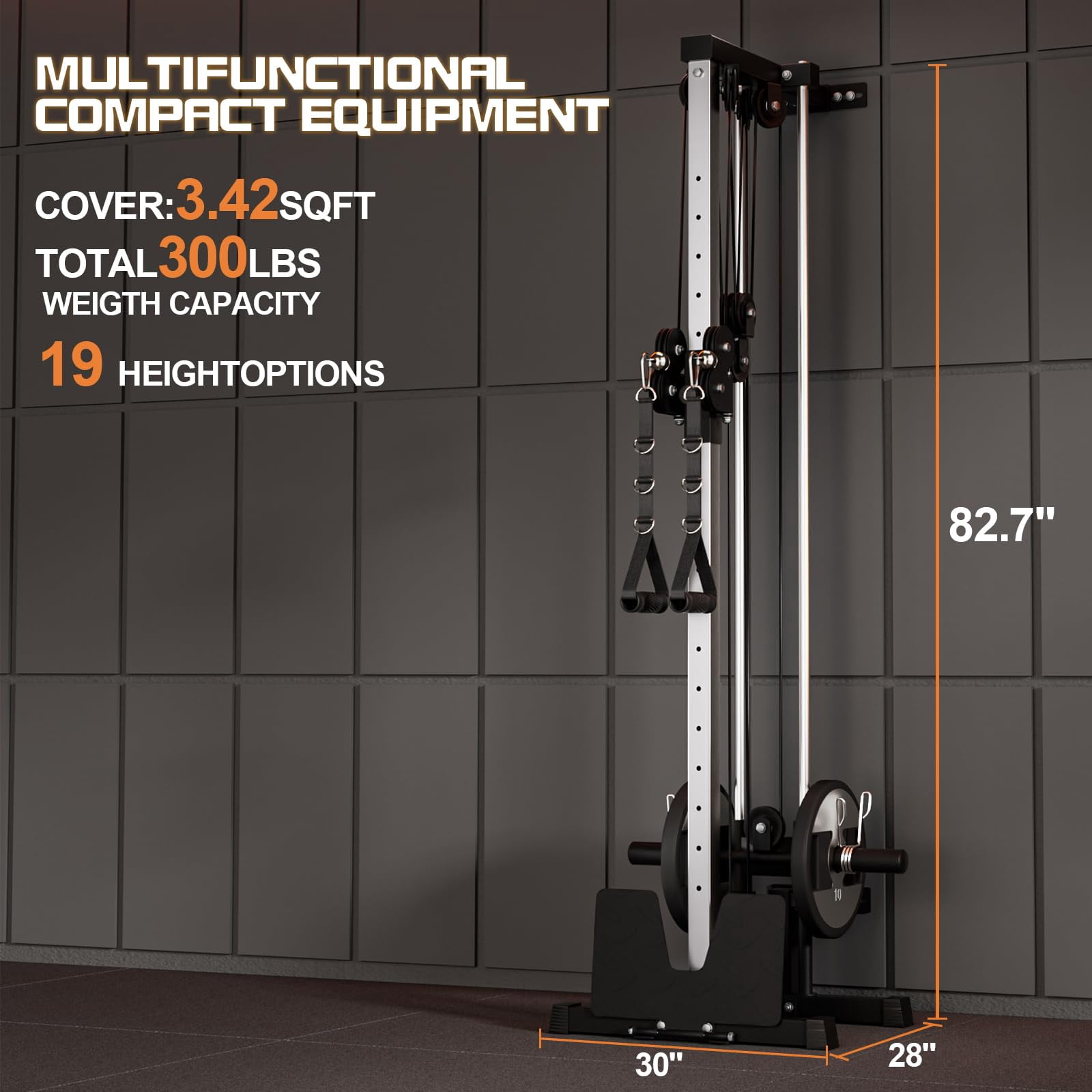 Danolapsi Wall Mount Cable Machine,LAT Pulldown Machines with 19 Positions Dual Pulley System,Cable Crossover Machine with Adjustable Footplate,Home Gym Back Exercise Weight Machine