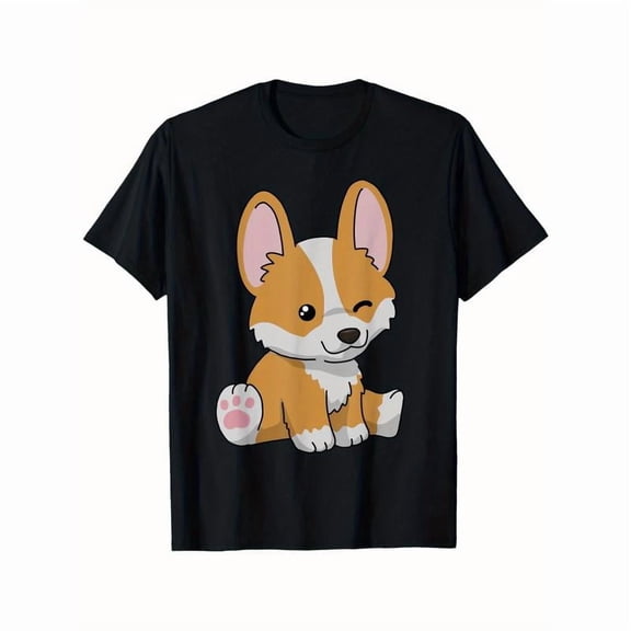 Cute Graphic Tee,Tops Has Corgi Sitting On The Ground Pattern,Round Neck Regular Fit T-shirts, Size(S-5XL)