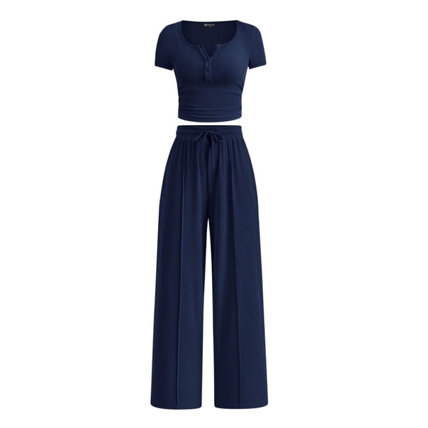 Conjunto de Dos Piezas para Mujer PRETTYGARDEN en Punto Canalé Azul Marino M