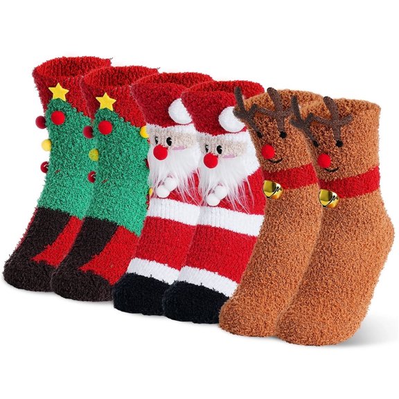 3 Pairs Christmas Fuzzy Socks,Christmas Slipper Socks for Women,Colorful Santa Claus Elk Christmas Tree Cozy Socks,Non-Slip Indoor Soft Fleece Socks for Winter
