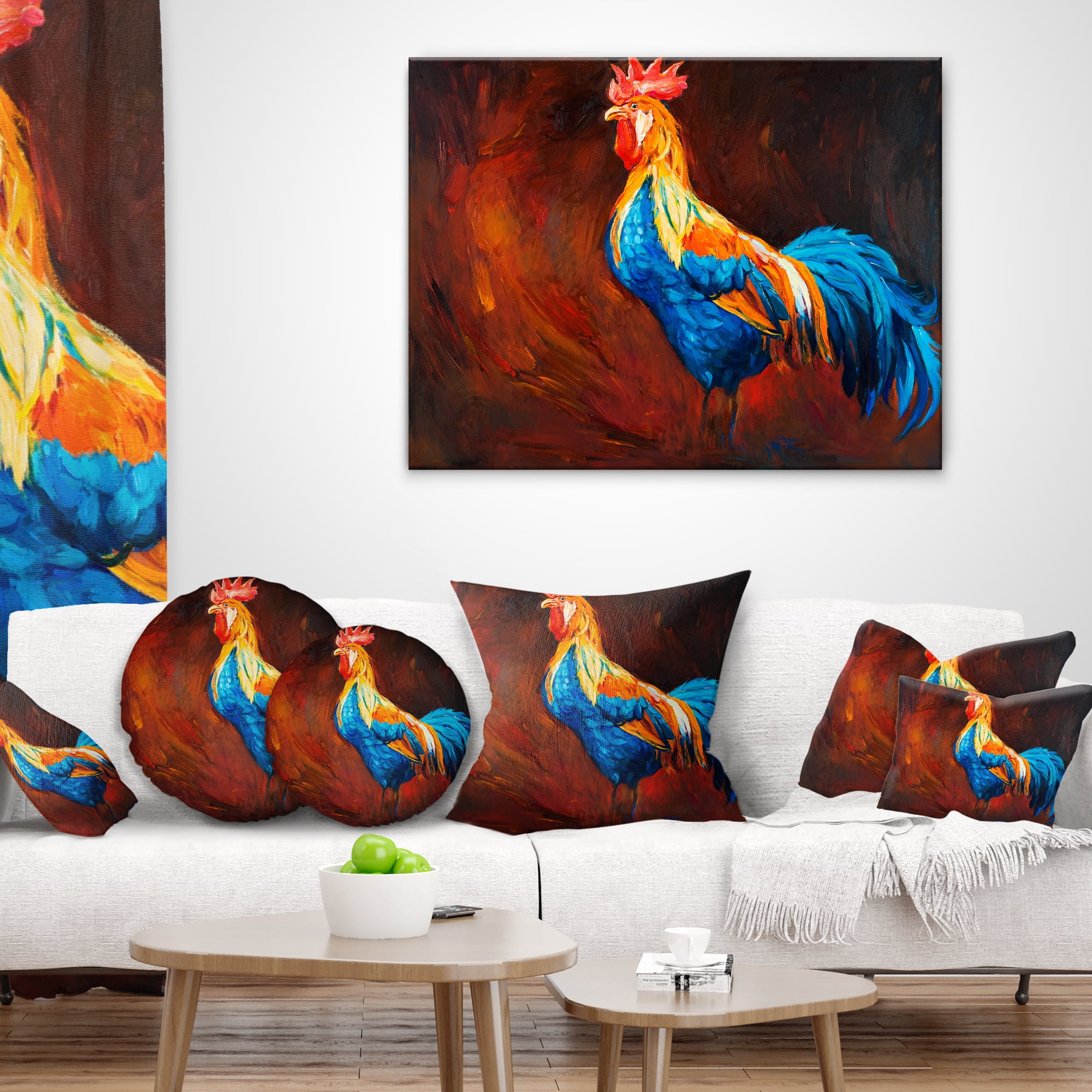 Designart Blue and Orange Rooster - Animal Throw Pillow - 12x20