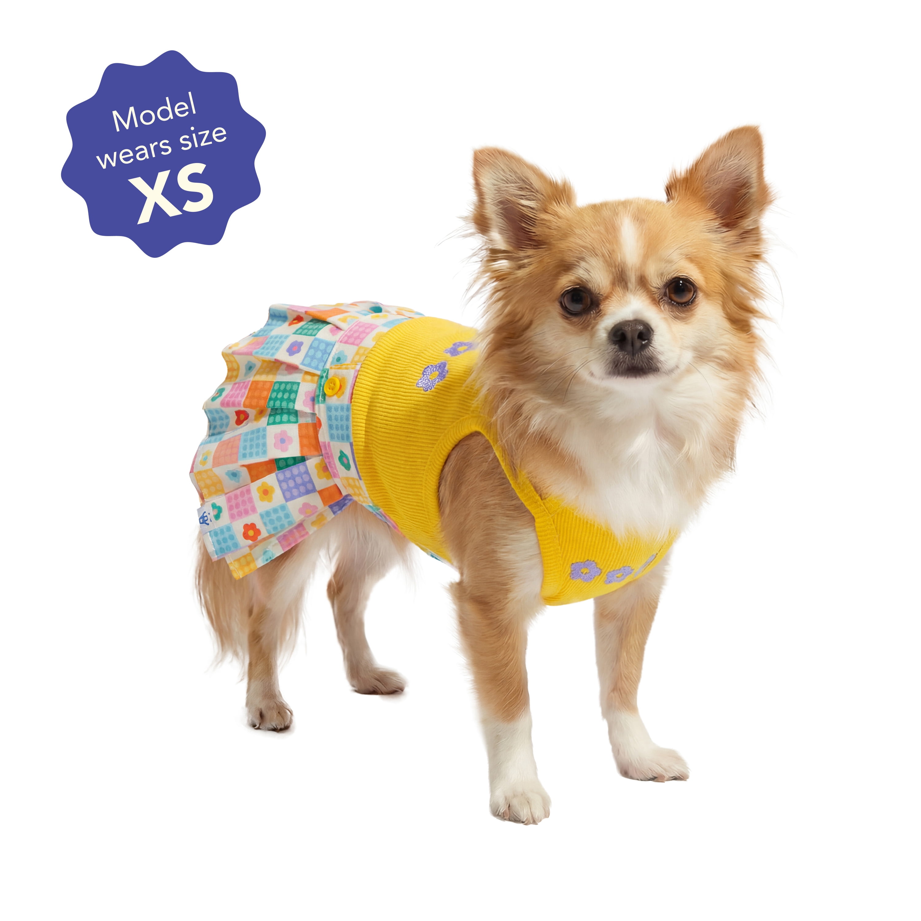 Oodles Yellow Floral Pleated Retro Spring Dog Dress, XS