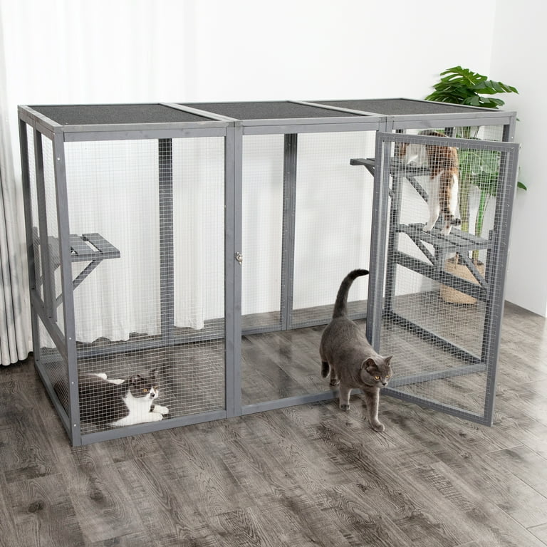 Coziwow Outdoor Cat House Enclosure Pet Cage Catio W Asphalt Roof 3 Platforms Gray