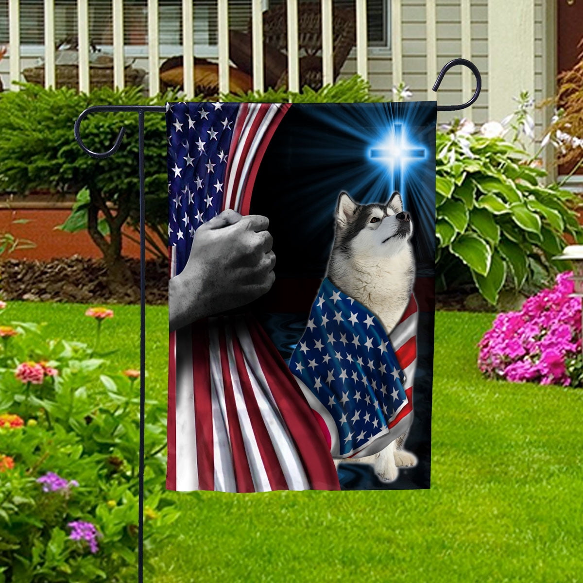 Hand Pulling USA Flag Alaska Dog Wearing Flag American Standing under Cross Christian Patriotic House Flag (3x5) Double Sided- Premium Polyester-Decorative Indoor Outdoor Flag