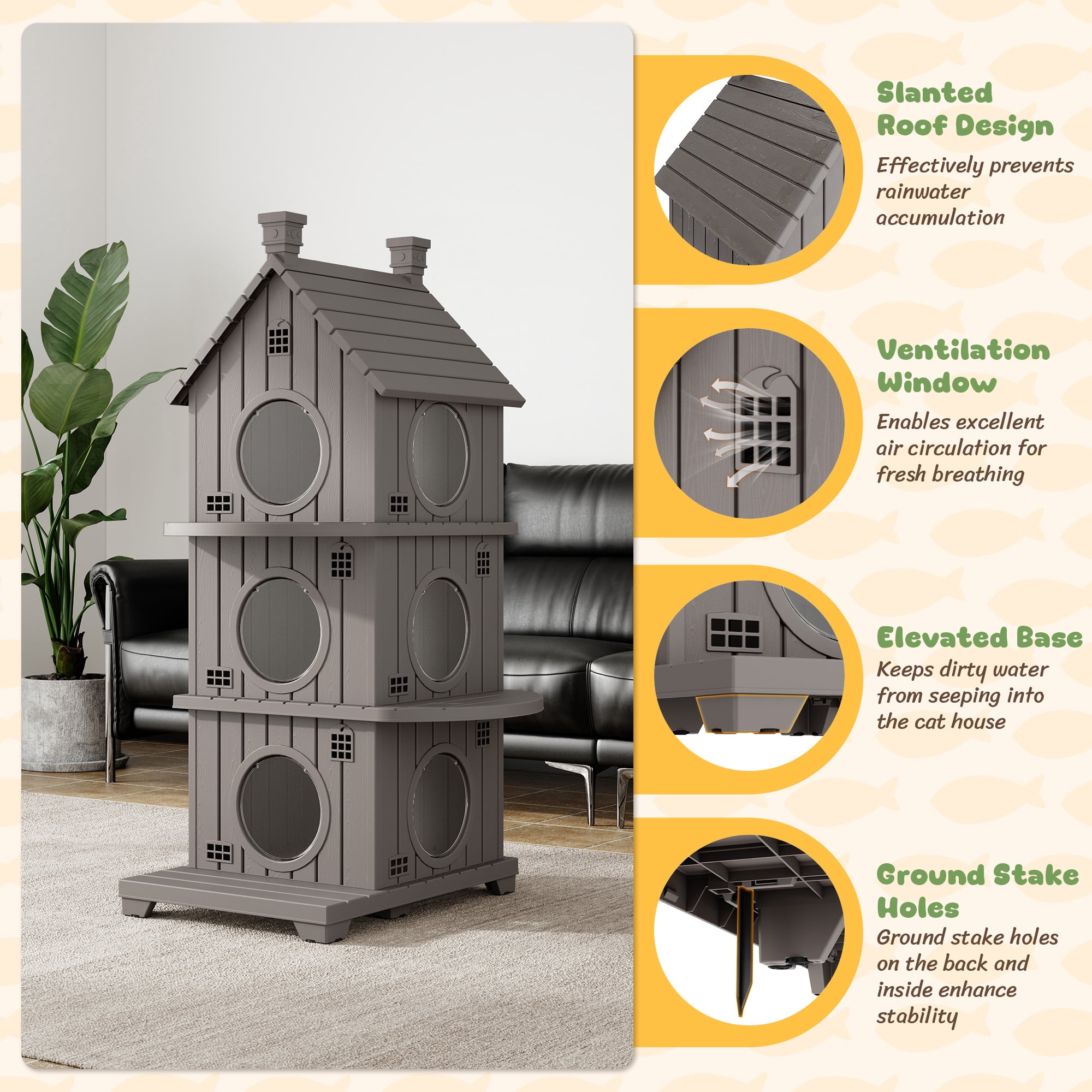 Bifanuo Outdoor Cat House,Weatherproof Resin Cat House,Multi-Layer,Villa-Style Outdoor Cat Shelter,Assemble Easily for Home & Yard,Gray