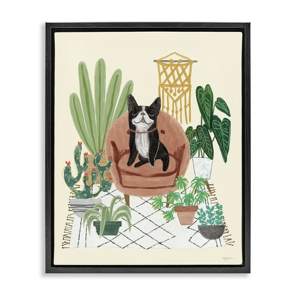Stupell Industries French Bulldog & Plants Animals & Insects Painting Black Floater Framed Canvas Art Print Wall Art, 17 x 21