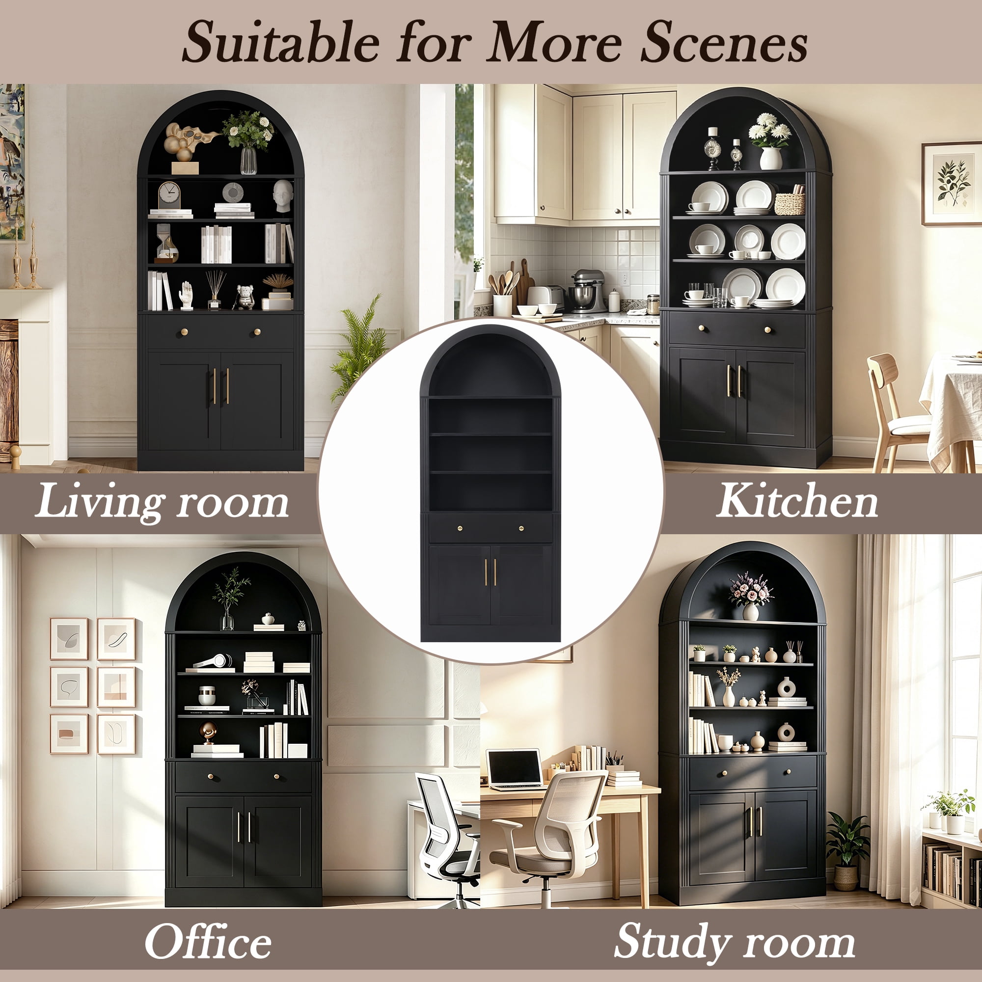 Euroco 70.9" Tall Arched Bookcase with Doors,Modern 6-Tier Bookshelves with Storage Drawer & Adjustable Shelves,Freestanding Kitchen Pantry Cabinet for Living Room,Home Office,Black