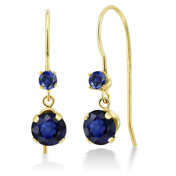 Gem Stone King 14K Yellow Gold Blue Sapphire and Blue Created Sapphire French Wire Dangle Hook Earrings for Women (1.22 Cttw, Gemstone September Birthstone, Round 5MM and 2.5MM)