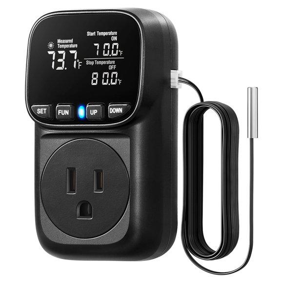 Digital Temperature Controller, 15A/1800W Thermostat Outlet Plug, VA Display Heating Cooling Control Timer US Plug