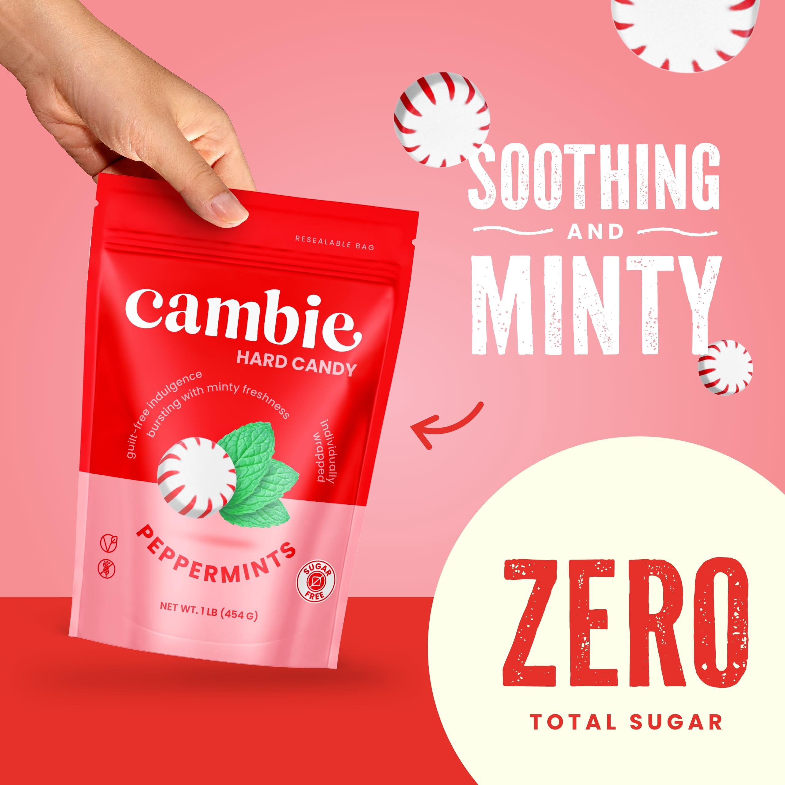 Cambie Sugar Free Mints, 1 MDA05&nbsp;lb of Sugar Free Hard Candy, Individually Wrapped Peppermints with a Refreshing & Sweet Mint Flavor, Packaged Fresh in a Resealable Pouch