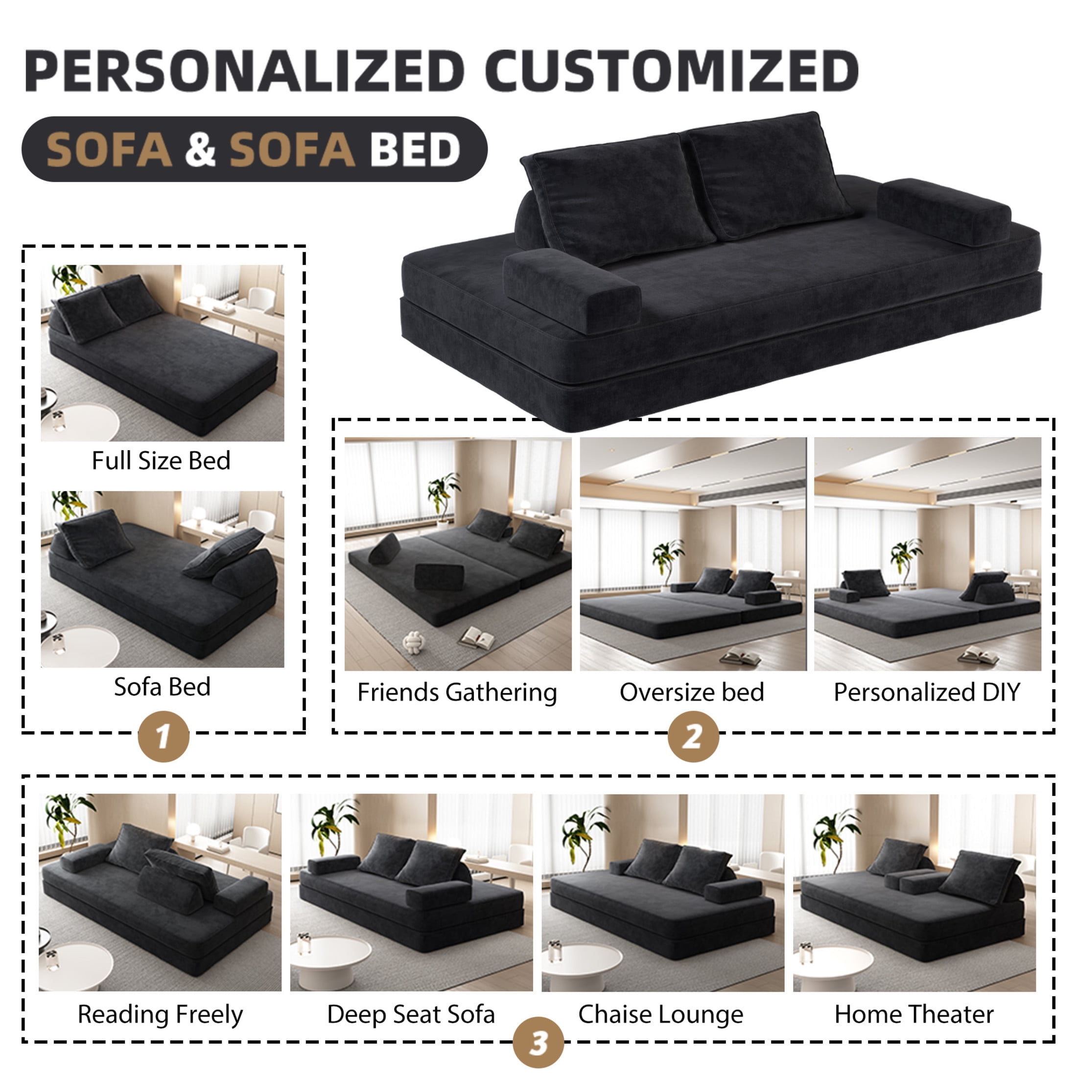 Noble House 87" Multifunctional Convertible Sofa Bed with Pillows, Fluffy Chenille Modular Floor Chaise Lounge, Dark Gray