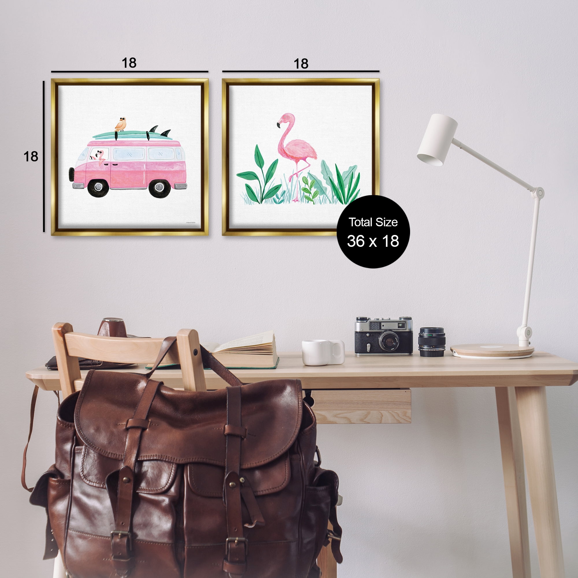 Stupell Industries Flamingos Tropical Vacation Transportation Painting Gold Floater Framed Canvas Art Print Wall Art, 18 x 18, Set of 2
