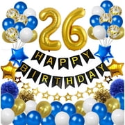 Colorpartyland Blue and Gold SE33Birthday Decorations Set-Black Happy Birthday Banner Latex and Confetti Balloons Paper Honeycomb Balls Huge Number 26 Balloons for Men and Women 26th Birthday