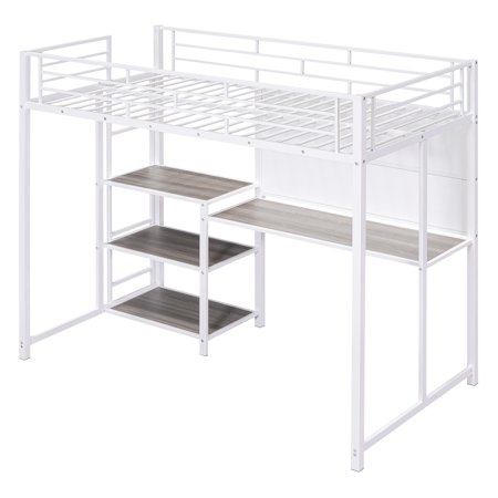 Sesslife Loft Bed for Kids, Twin Size Loft Bed Frame with Desk and Whiteboard, Modern Metal Loft Bed with 3 Shelves and Ladder, White