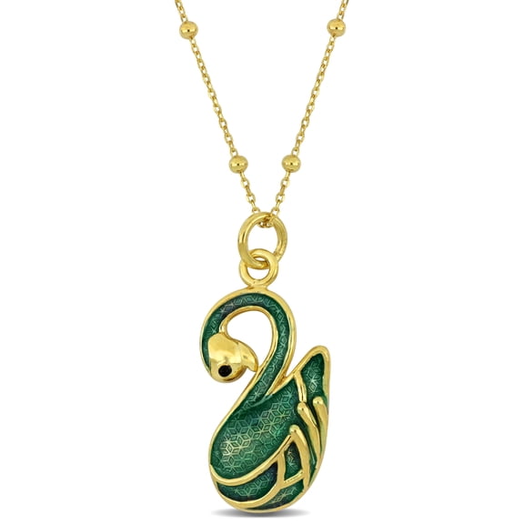 Everly Women's Green Enamel Yellow Gold Flash Plated Sterling Silver Swan Necklace