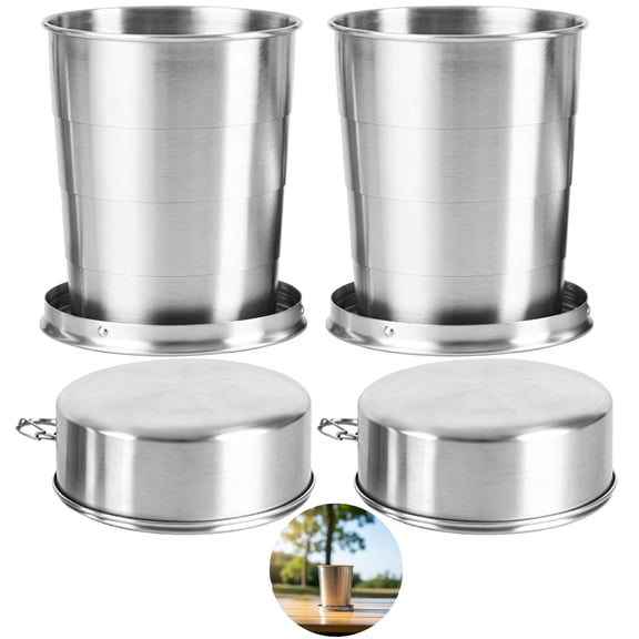 2 Pcs Foldable Cups, 15.2 fl oz 304 Stainless Steel Folding Camping Cups, Portable Telescoping Travel Mugs with Clip Chains for Water, Juice, Coffee, Hiking, Picnic
