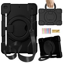iPad 9th/8th/7th Generation Case, iPad 10.2 Case 2021/2020/2019 Military Grade Shockproof Silicone w/Pencil Holder - Stand - Handle - Shoulder Strap 360 Degree Swivel Handle Rugged Case, Black