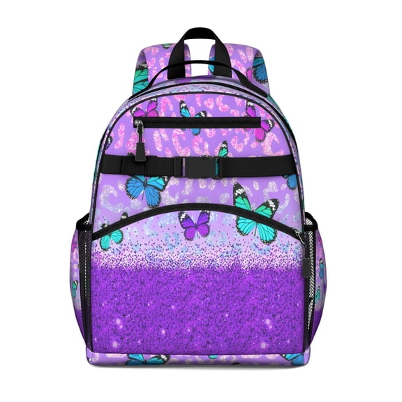 Purple Butterfly Leopard Pattern Backpack for School,Cute School Bag,Schoolbag with Adjustable Shoulder Straps & Padded Back,15.25"x11.5"x5.25"