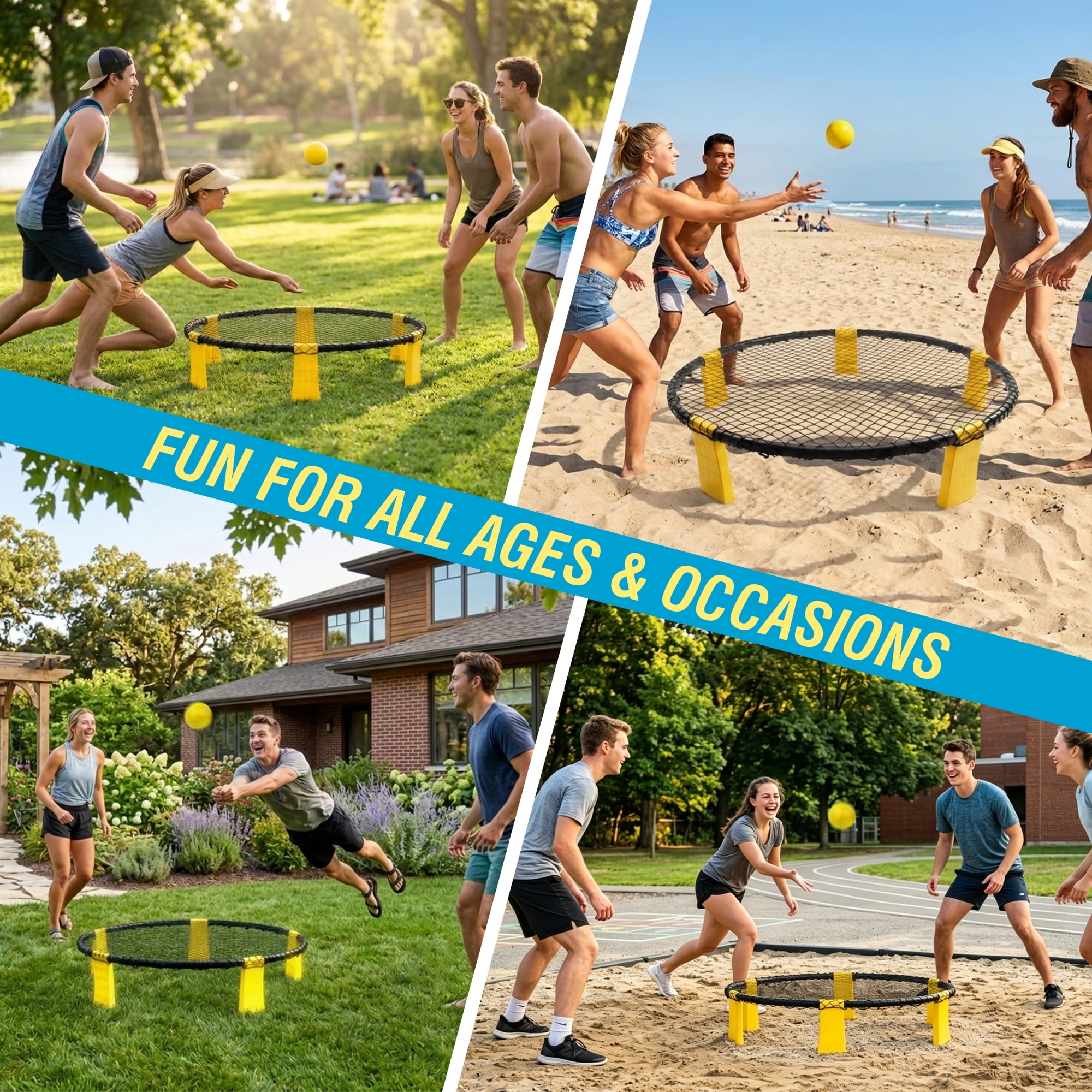 Portable Roundnet Game Set, Complete Kit with 2 Balls, Heavy-Duty Net and Carry Bag, Fun Outdoor Game for Beach Backyard Park Camping Family Parties