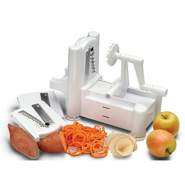 Roofei 3 in 1 Vegetable Slicer with Durable Stainless Steel Blades | Kitchen Cooking Tool | Spiral Zoodle Maker with Catch & Store Container