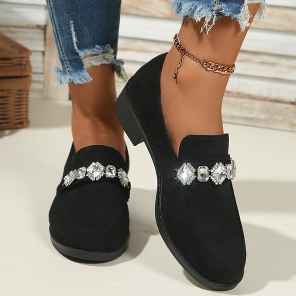 UDAUDU Women’s Loafers Rhinestone Buckle Suede Slip On Low-Heel Dress Shoes Elegant Block Heel Flats Work Office Walking Shoes Black