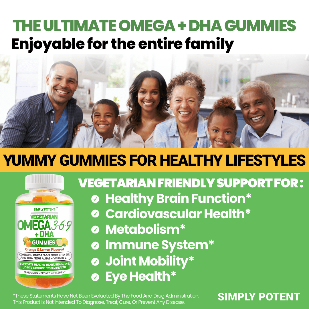 Simply Potent Vegan Omega 3 Gummies 2 Pack No Fish Oil No Krill Burpless Omega DHA Chewable Gluten-Free Omega-3 6 9 Supplement for Men Women & Kids Supports Brain Heart Joint Eye & Immune Health
