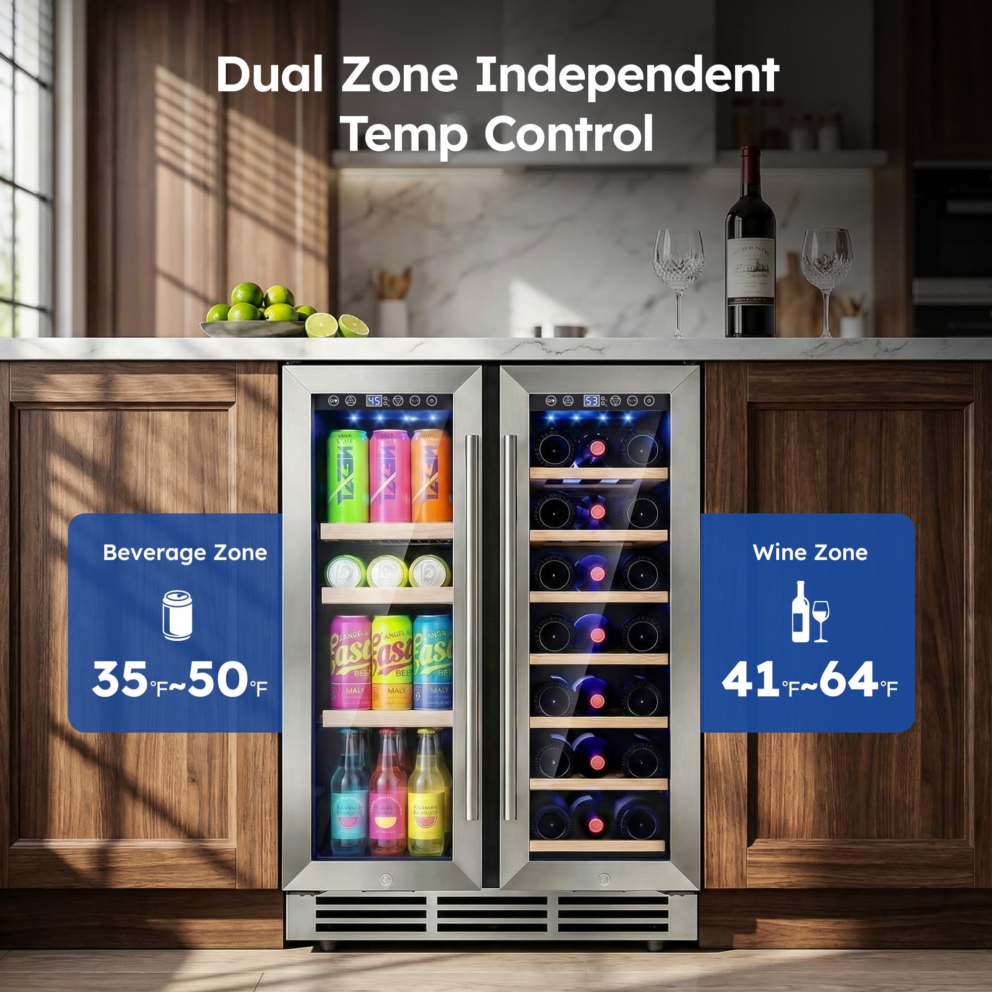 Simzlife 24" Dual Zone Beverage Refrigerator  up to 21 Bottles & 88 Cans,Built-in Wine Fridge for Home/Bar/Office