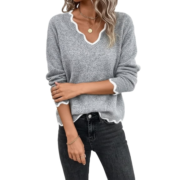 Women V Neck Sweaters Pullover Cozy Light-Weight Sweaters Long Sleeve Tops Gray XL