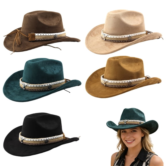 Lispipm Womens Western Cowboy Hat Rolled Wide Brim Retro Rodeo Travel Sun Hat with Buckles Belt Ladies Outdoor Caps Beige