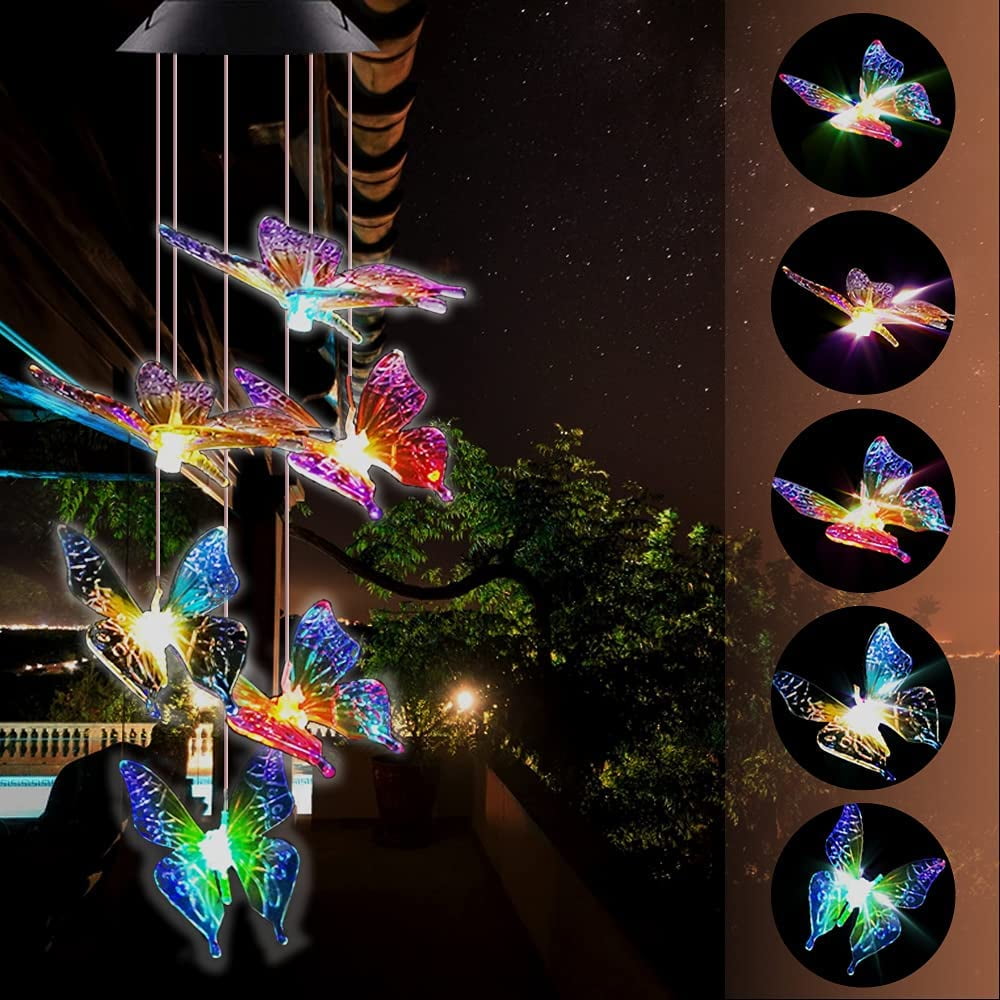 Solar Butterfly Wind Chimes for Outside,Automatic Light Color Changing