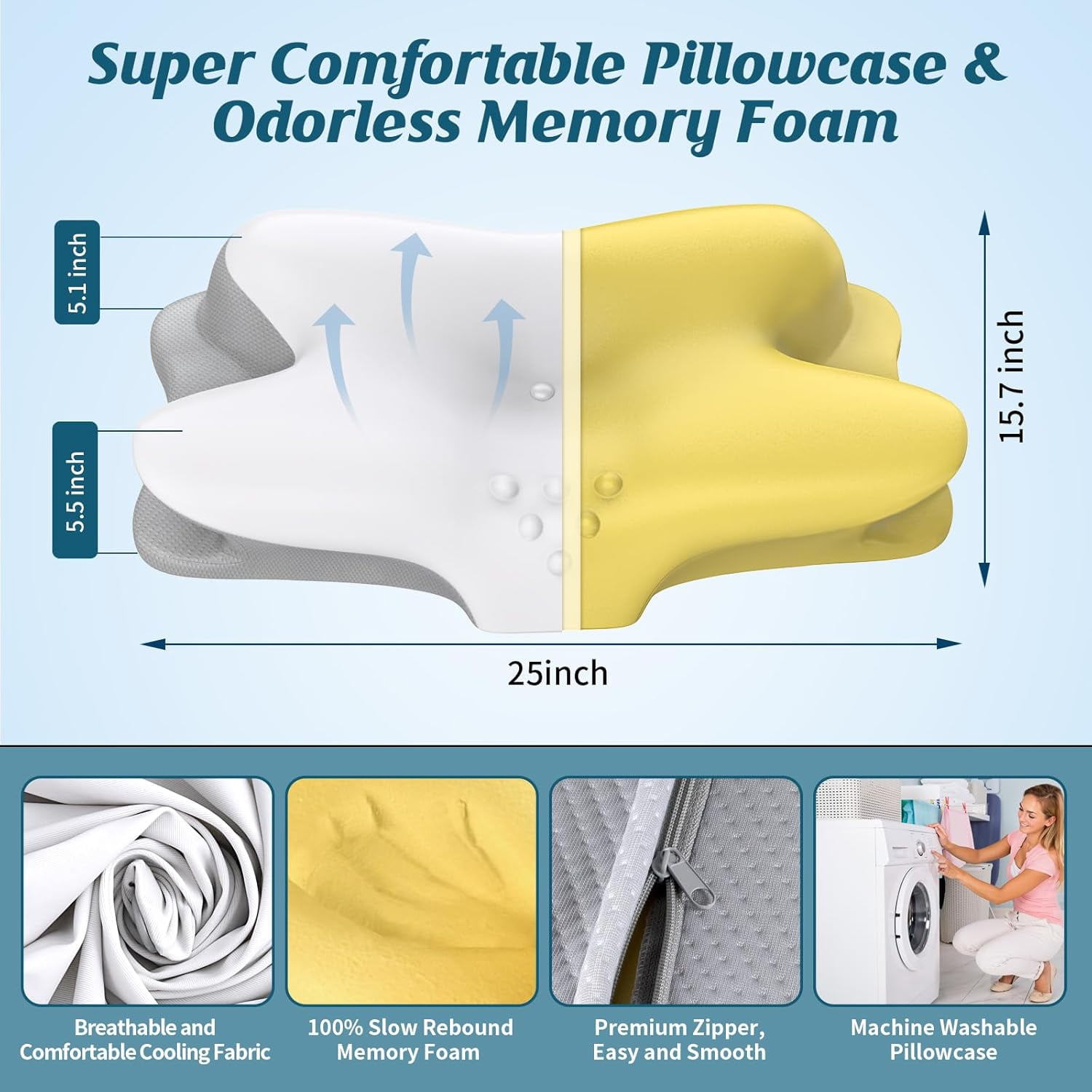 Cervical Neck Pillow for Pain Relief - Ergonomic Side Sleeper Pillow for Sleeping, Contour Orthopedic Pillow for Neck Support, Cooling Memory Foam Pillows for Back & Stomach Sleepers with Pillowcase