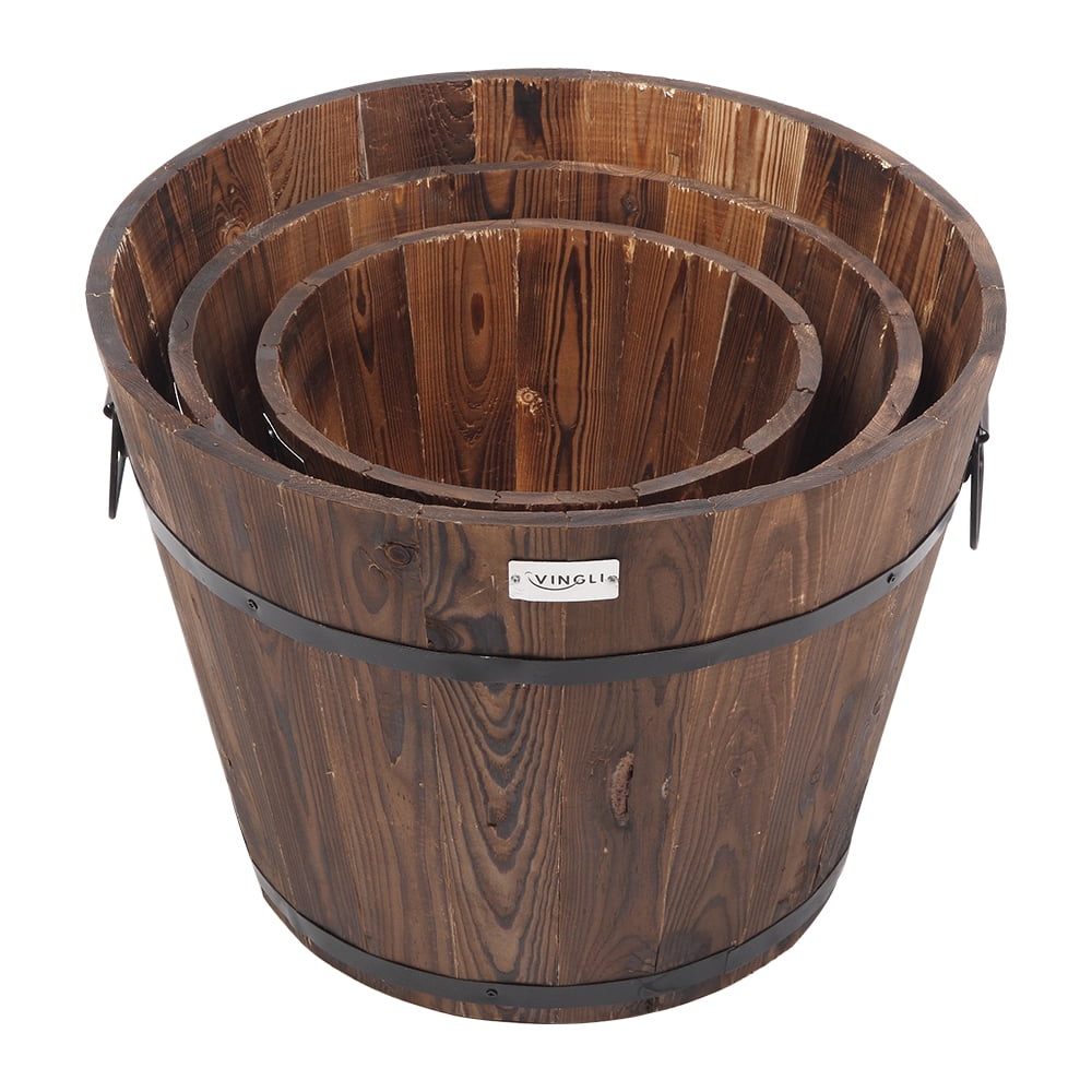 VINGLI Wooden Planter Barrel Set Brown Wood Rustic Flower Pots