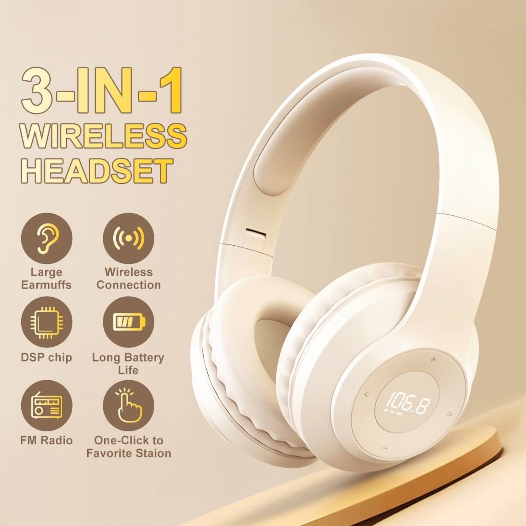 Wireless FM Radio Headphones with Bluetooth, Built-in Microphone, LED Display, Rechargeable & Portable Headphones, Soft Ear Muffs, FM Headset Radio Receiver for Meeting, Works, Hiking, Jogging