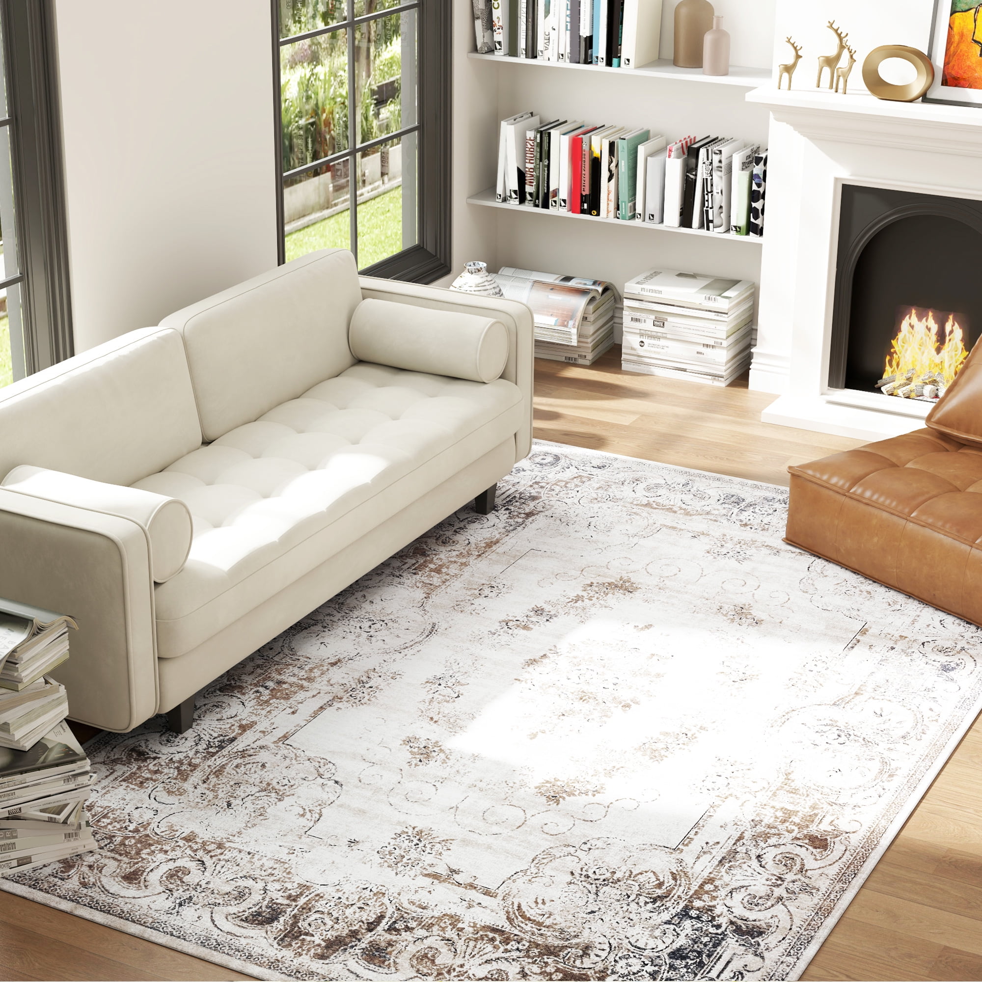 HOMCOM 6x9 Area Rug, Boho Living Room Carpet, Machine Washable, Brown