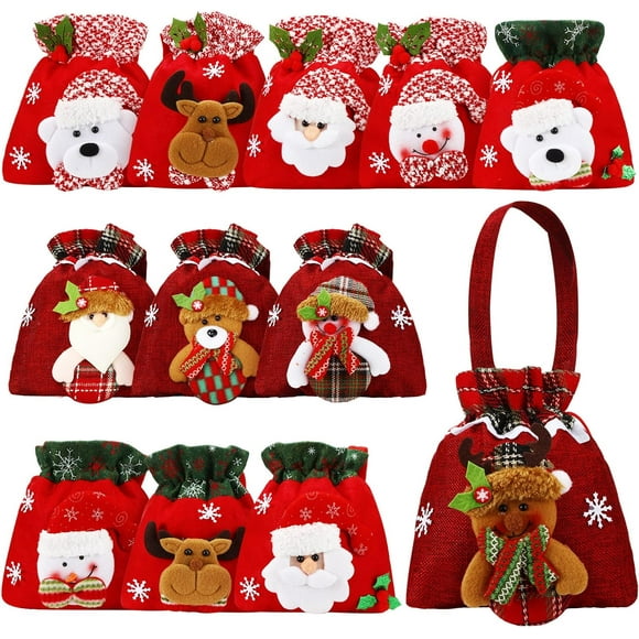 12 Bolsas de Regalo Navideñas con Muñecas para Dulces y Recuerdos de Fiesta Bolsas de Tela Reutilizables con Cordón con Diseño de Oso, Papá Noel y Muñeco de Nieve Envoltorio de Navidad