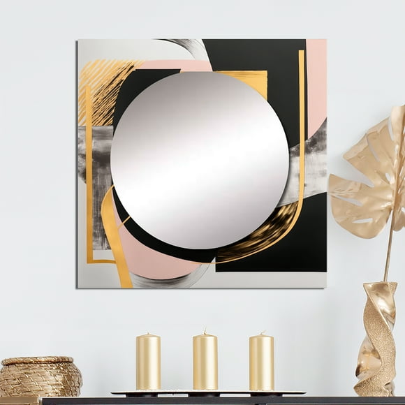 Designart "Art Deco in Pink and Gold I" Modern Pink Large Square Mirror - Square Bedroom Mirror Printed Wall Decor - Transitional Square Printed Wall Mirror Art