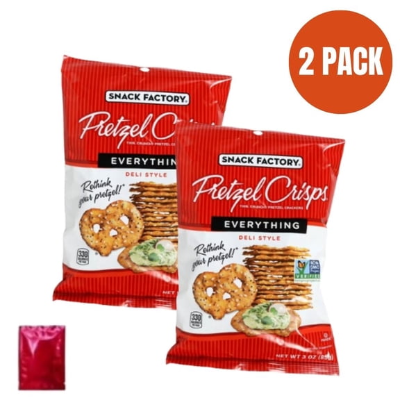 Snack Factory Everything Deli Style Pretzel Crisps, 3 oz Bags, Pack of 2, Crunchy Baked Pretzel Snacks BONUS LaPrima Morceau Bonbon