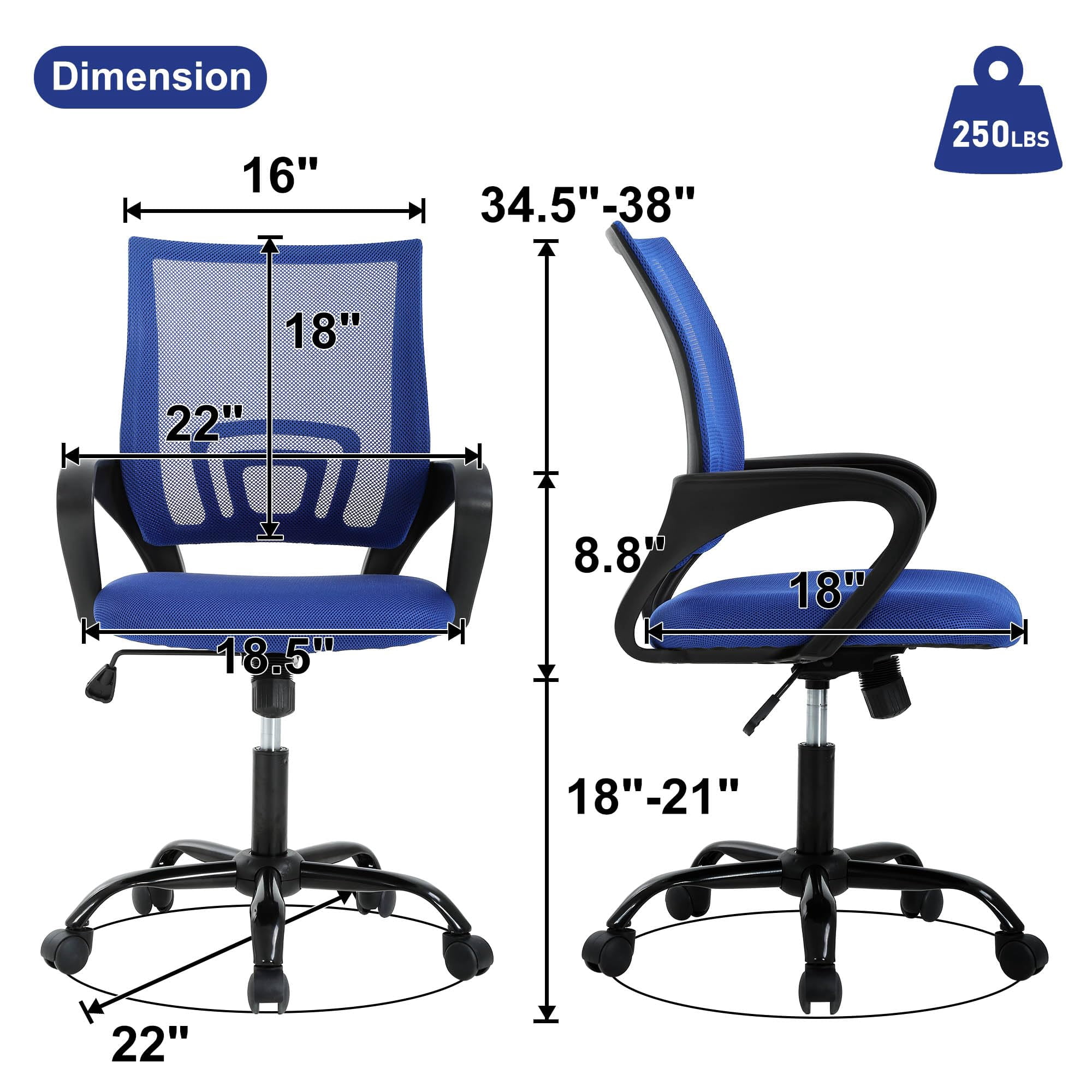 CL.HPAHKL Ergonomic Desk Chair, Mid-Back Mesh Office Chair with Wheels, Rolling Swivel Computer Task Chair for Home Office, Fixed Armrests, Tilt & Height Adjustable, Blue