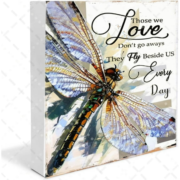 Those we Love Don't Go Always Dragonfly Retro Wooden Box Sign Table Decor Memorial Signs Bereavement Wood Block Signs Art Home Bar Shelf Desk Decoration for Counter 5x5 inches