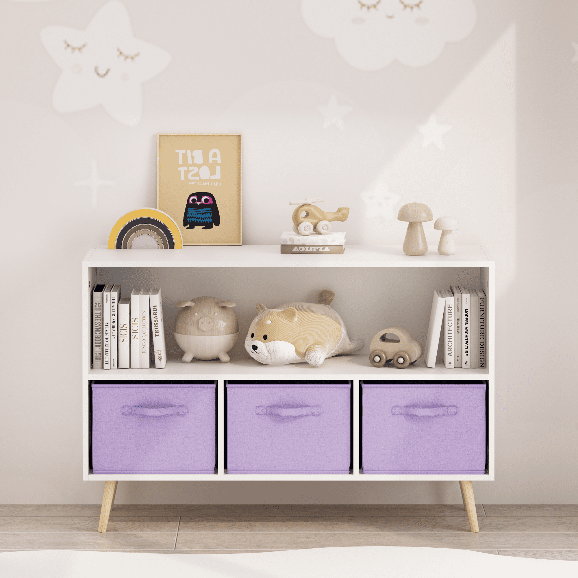 Kids bookcase with Collapsible Fabric Drawers, Children's Book Display, Toy Storage Cabinet Organizer, White/Purple