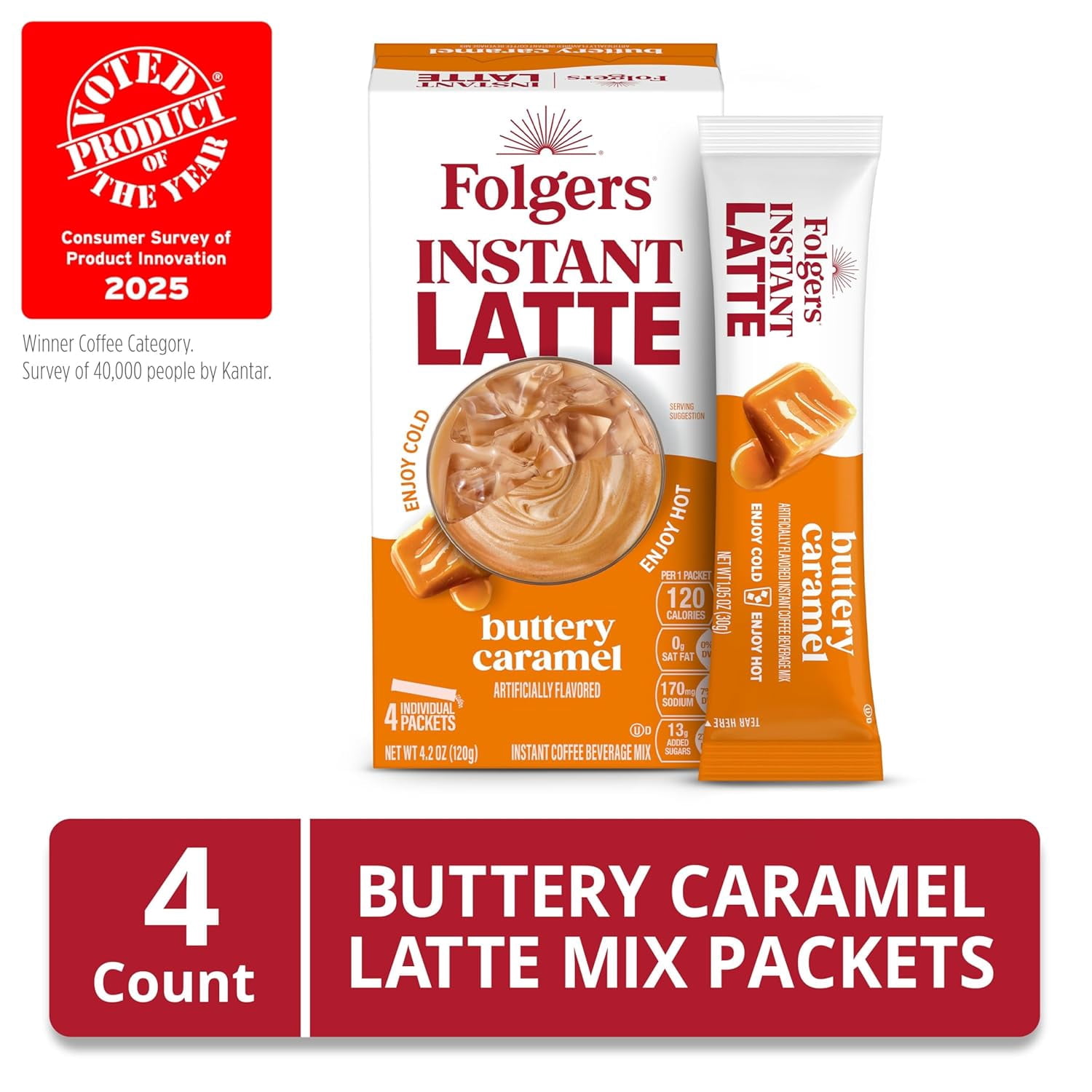 Folgers Buttery Caramel Flavored Instant Latte Packets, Instant Coffee Beverage Mix, 4 Single Serve Packets, 4.2 oz Box