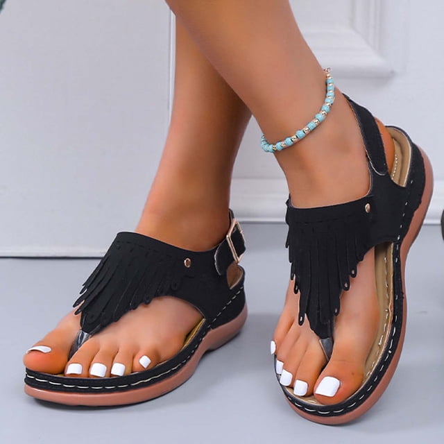 Aujourd'hui Réduction! Aqestyerly Sandales pour Femmes Élégantes, Sandales d'Été Mode Décontractée Confortables Talon Compensé Décoration à Franges