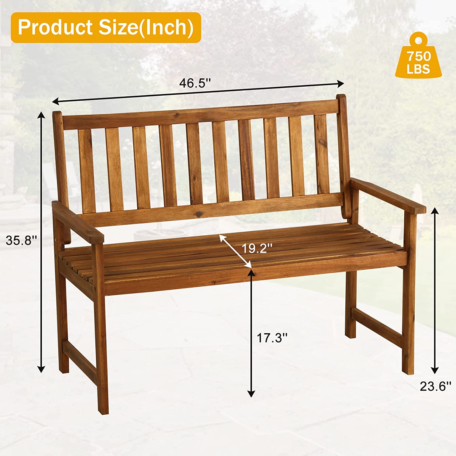 Outdoor Bench Front Porch Bench Garden  Bench Outdoor Wood Bench with Armrests, 2 Person Seat Outdoor  Porch Chair for Garden Porch Park Balcony Backyard,Natural Oiled - image 3 of 7