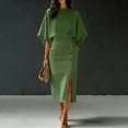 thumbnail image 2 of RFQWOVSR Women's Solid Color Elegant Round Neck Short Sleeve Top Midi Skirt 2 Piece Set Casual Office Summer Dress Outfit S, 2 of 5