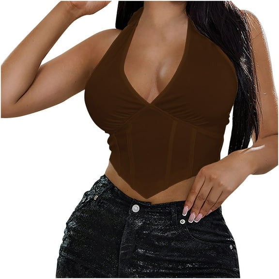 Hvot&aat Womens Sexy Deep V Neck Sleeveless Halter Y2K Chest Wrap Solid Color Tank Top Stretchy Double Lined Camisole