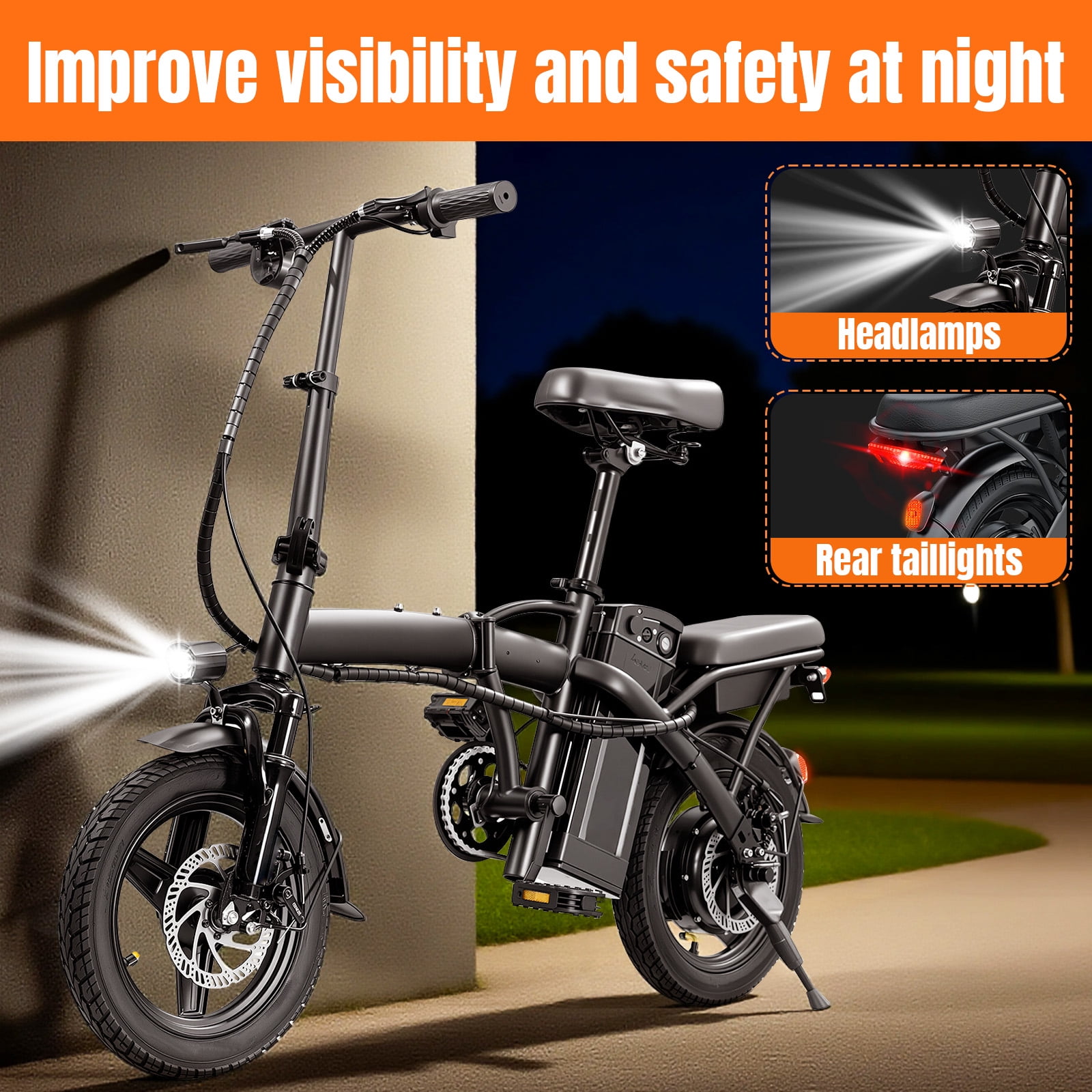 14 Inch Foldable Adult Electric Bicycle, 48V 10Ah 400W Motor, 3-Speed Gearing, Dual Spring Shock Absorbers, Front and Rear Led Safety Lights, Portable Design