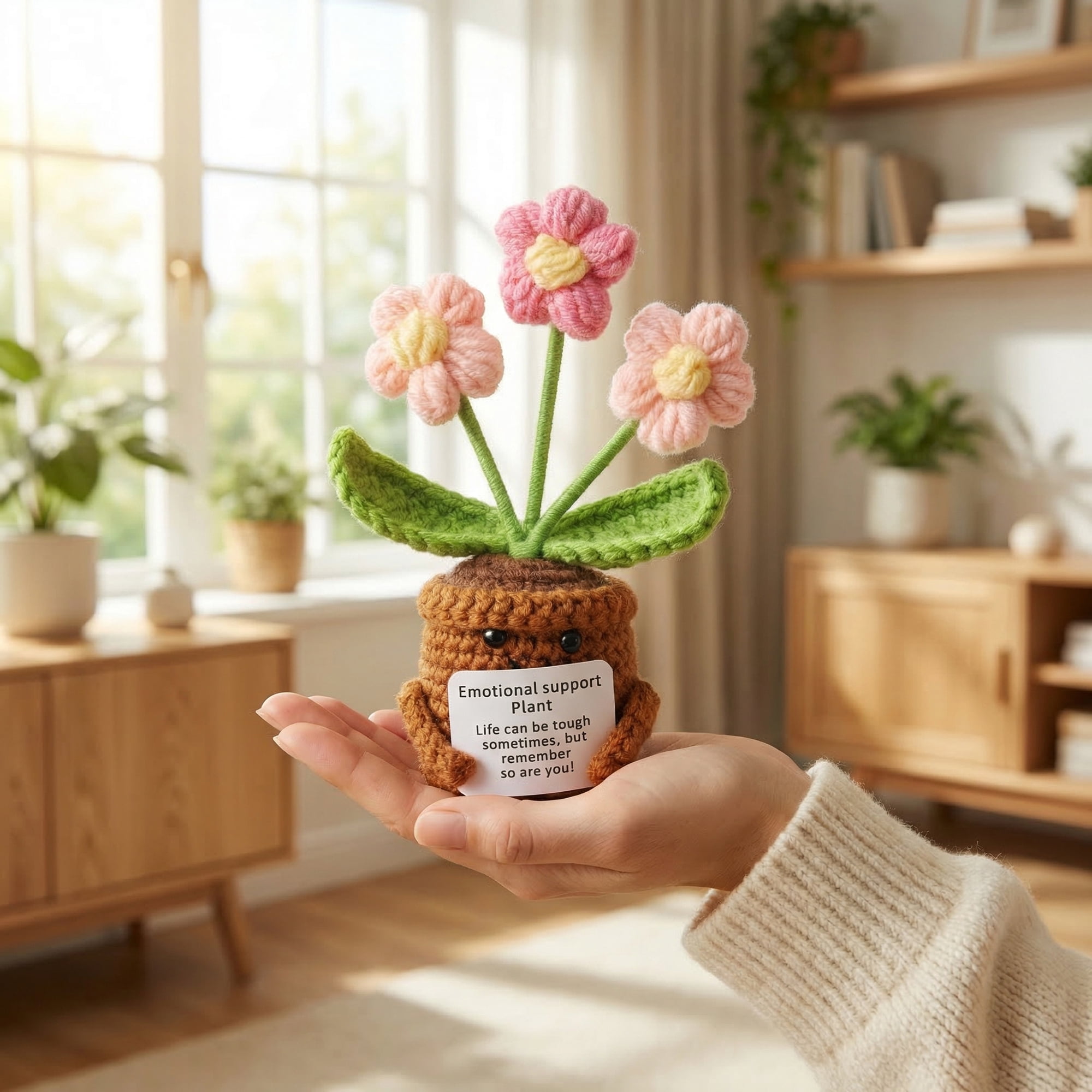 Unique Bargains Handmade Crochet Potted Knitted Plant Pink Flowers 4.3inch