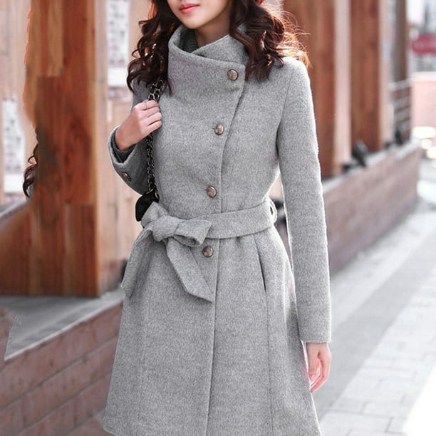 Womens Winter Coat Trench Lapel Wool Jacket Long Sleeve Overcoat Outwear