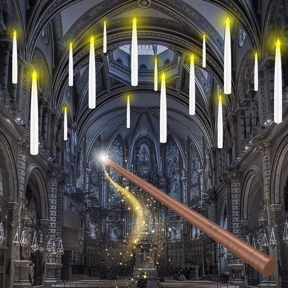 Flameless Floating Candles with Magic Wand Remote, 6.6" Battery Operated LED Hanging Candles, Flickering Electric Taper Candles for Christmas Halloween Home Party Decor